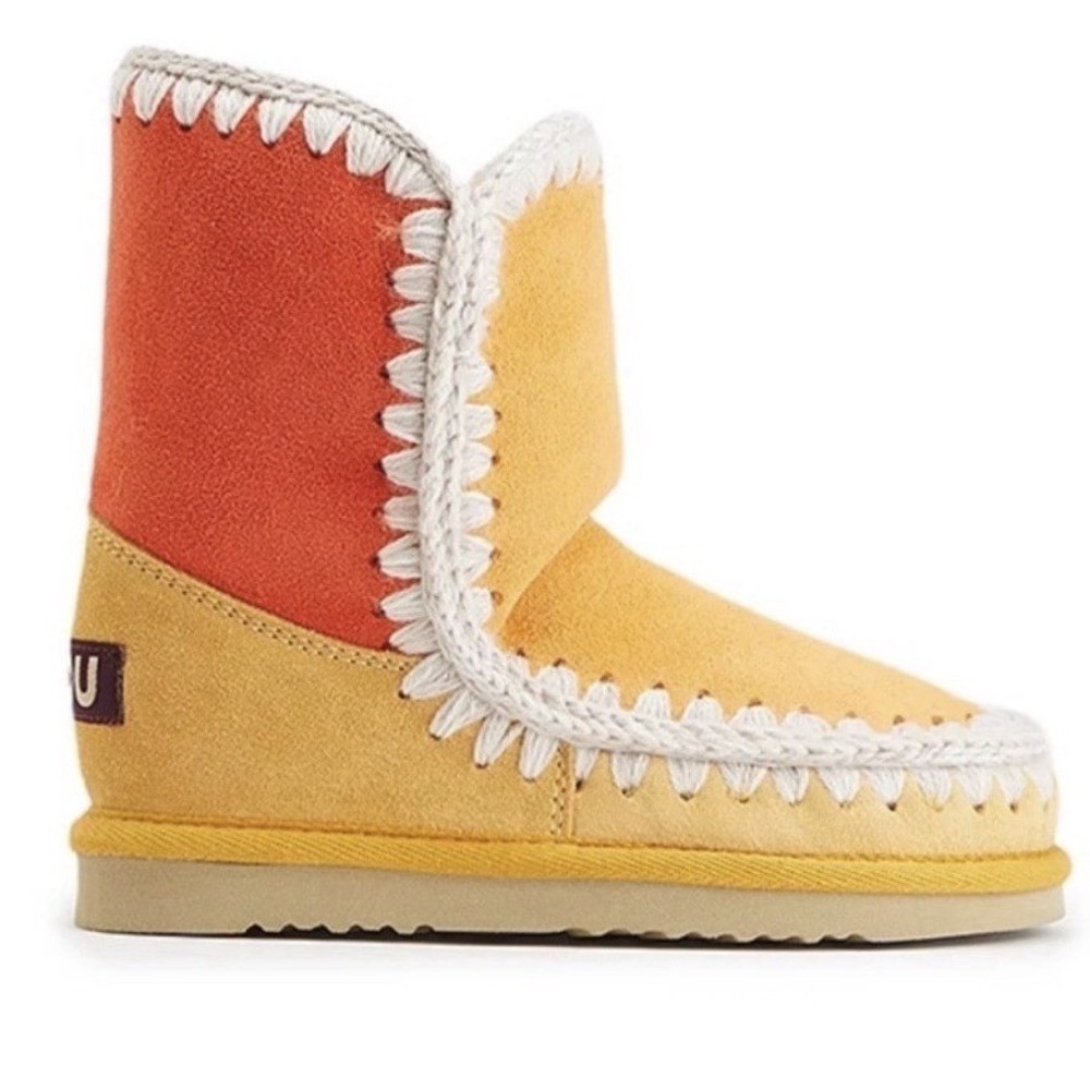 Mou Eskimo Colorblock Suede Sheepskin Ankle Boots Yellow Orange Stitching EU 38